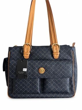 Rioni Monogram Leather Shoulder Bag Blue Tote Purse NWT